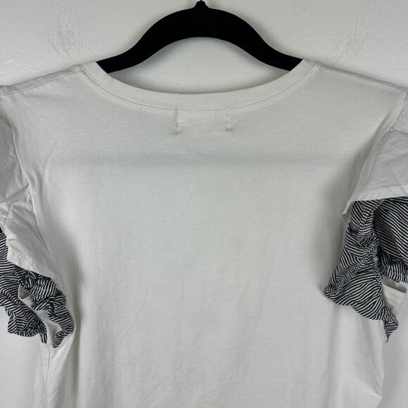 Classic Blue Jeans Womens Frida Kahlo Print Ruffle Short Sleeve White Top Small - Picture 6 of 9